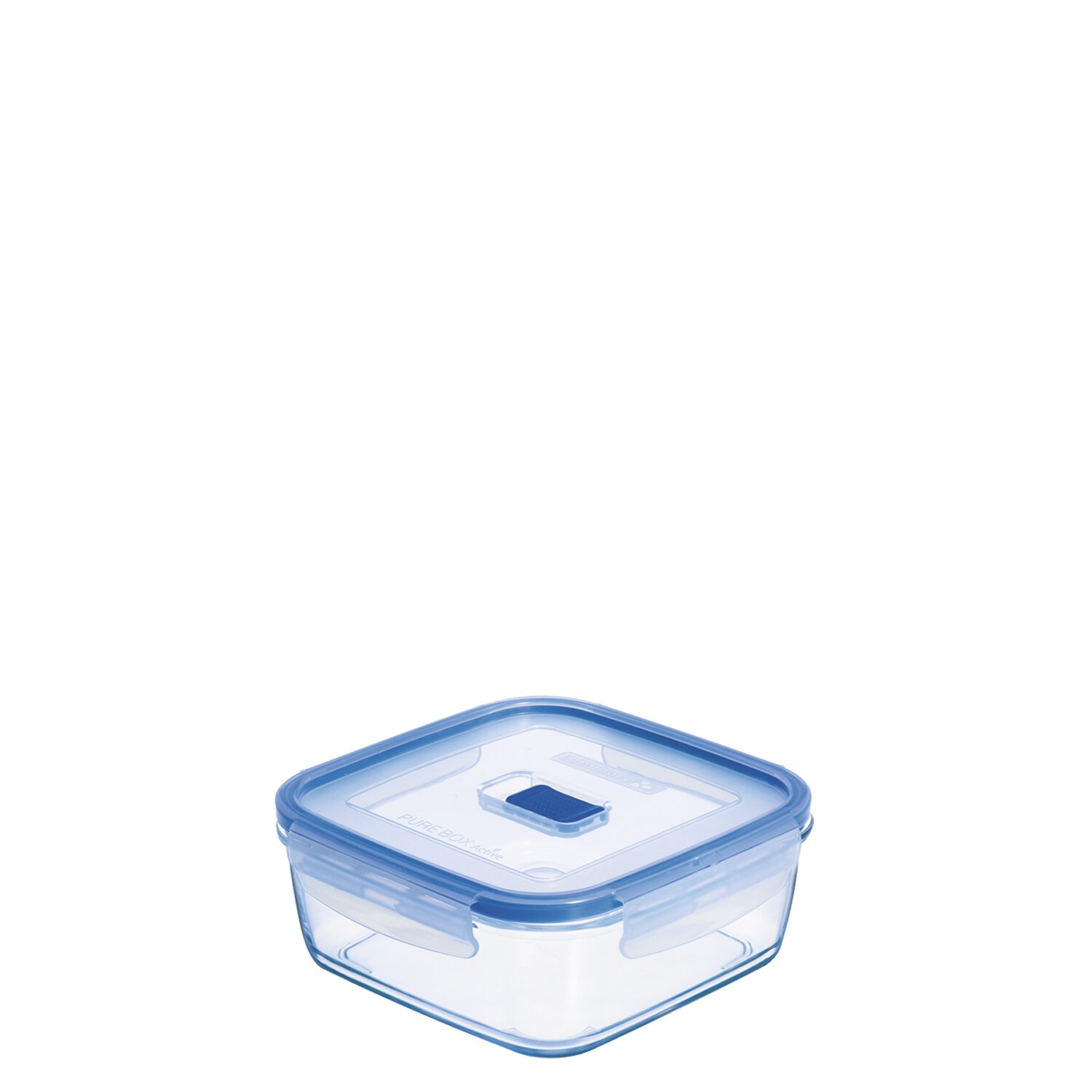 Box quadratisch 1,22 l transparent mit blauem PP Deckel + Ventil
