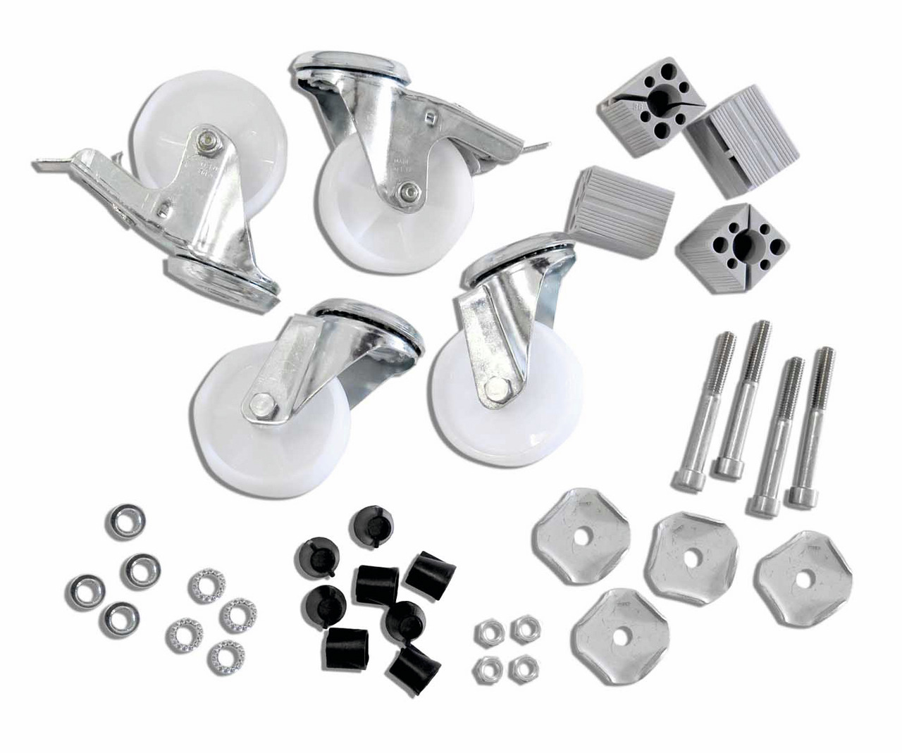 Rädersatz für Arbeitstische 4 Stück ø 80 mm (2 mit Bremse, 2 ohne Bremse)