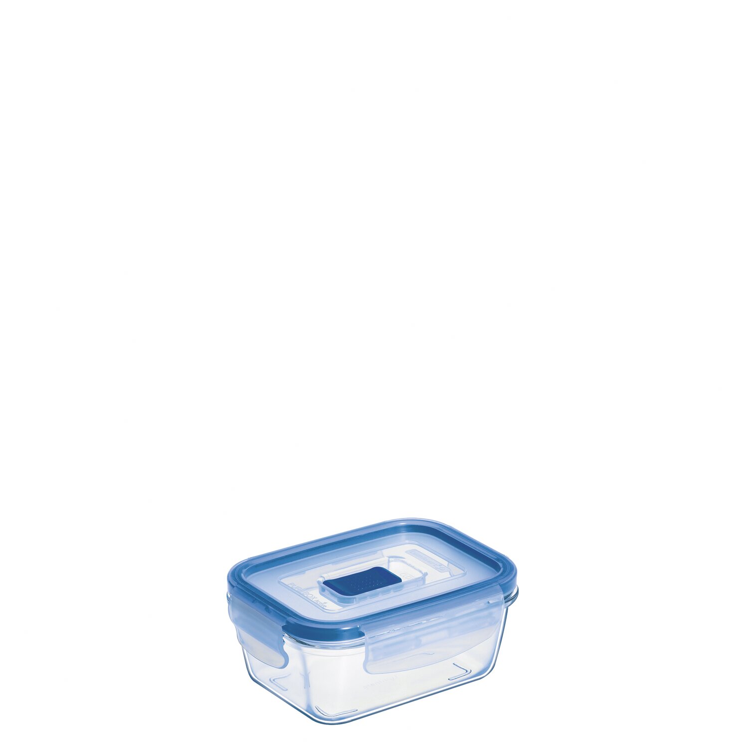 Box rechteckig 0,38 l transparent mit blauem PP Deckel + Ventil