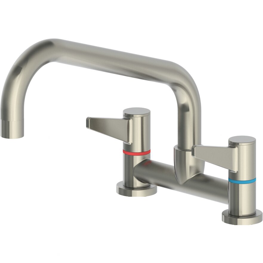 Edelstahl-Wasserarmatur mit Zweigriffm. u. Auslauf f.Zweilochmontage silver