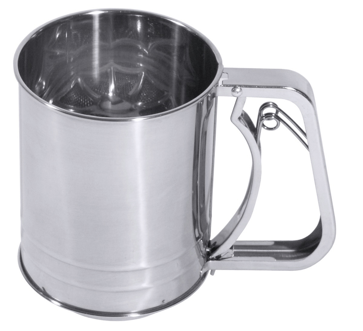 Einhand-Drücksieb mit drei Siebebenen 0,50 l Griff mit Feder / hochglänzend Einhand-Drücksieb mit drei Siebebenen 0,50 l Griff mit Feder / hochglänzend