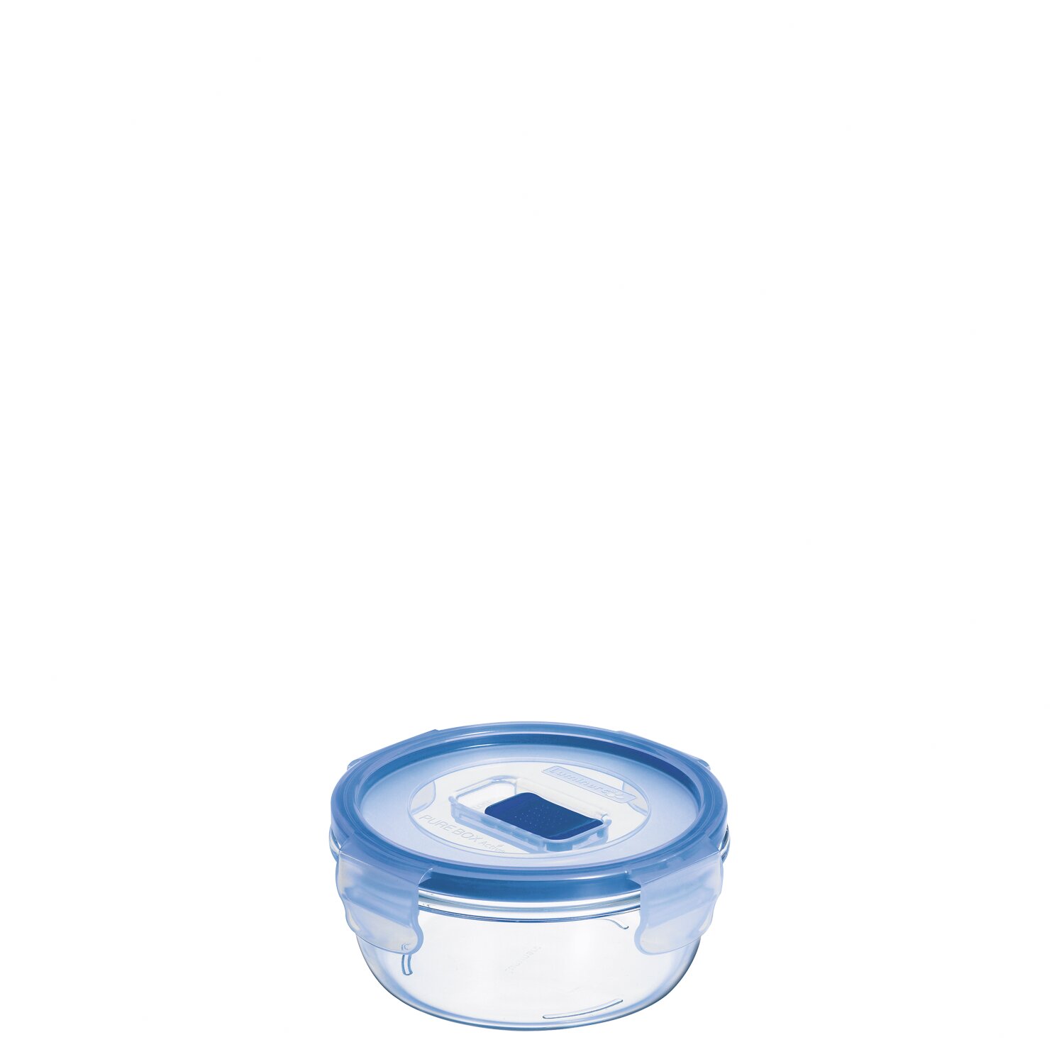 Box rund 0,42 l transparent mit blauem PP Deckel + Ventil