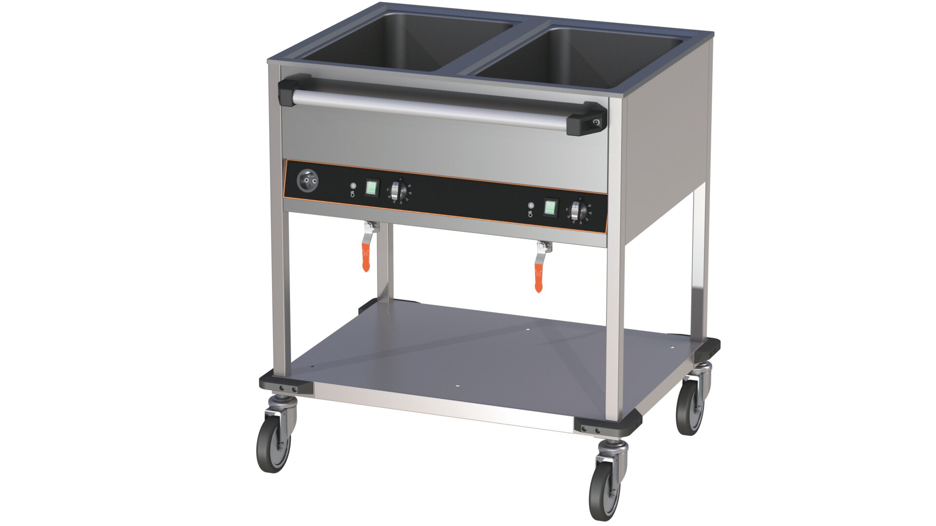 Bainmarie Wagen 2 x GN 1/1 Bedienleiste lange Seite 2 Becken offener Unterbau