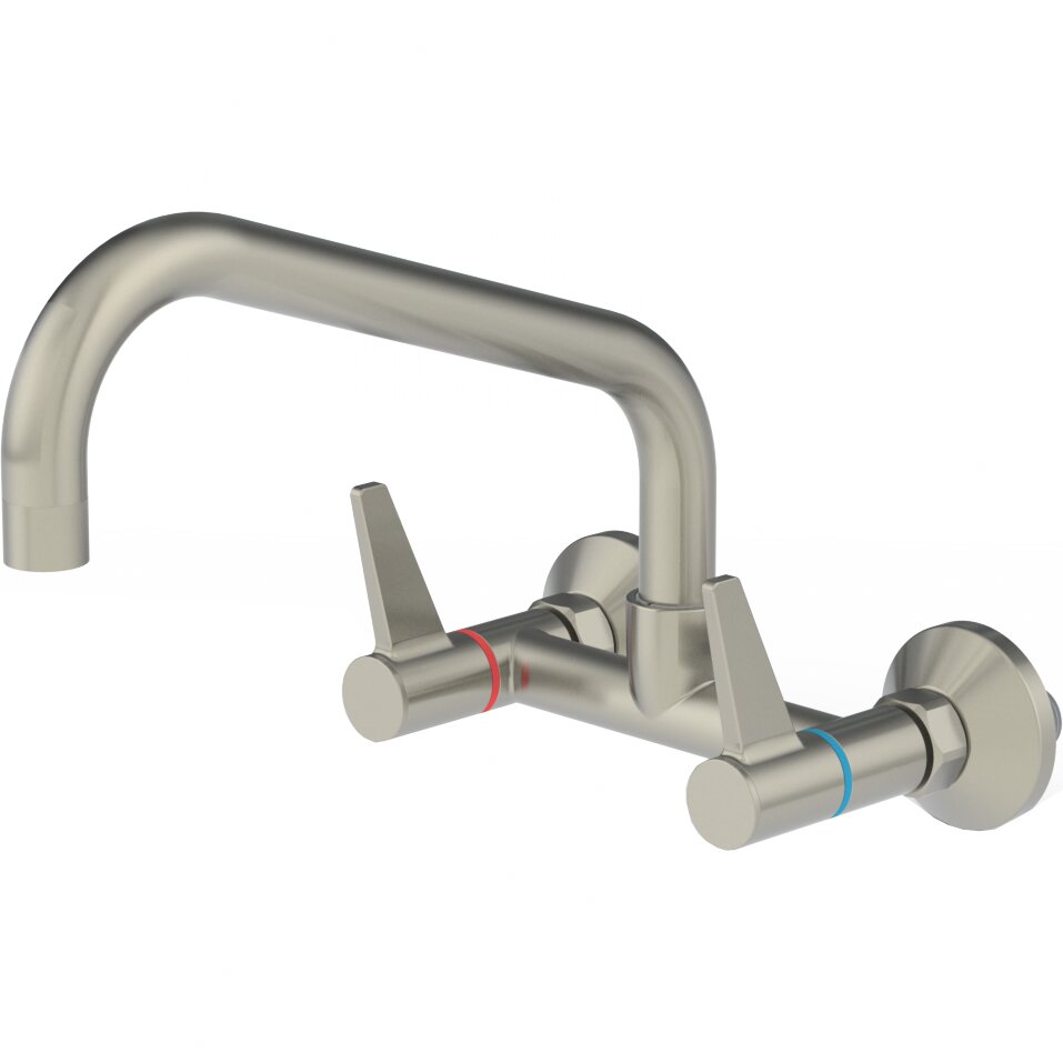 Edelstahl-Wasserarmatur mit Zweigriffm. und Auslauf für Wandmontage silver