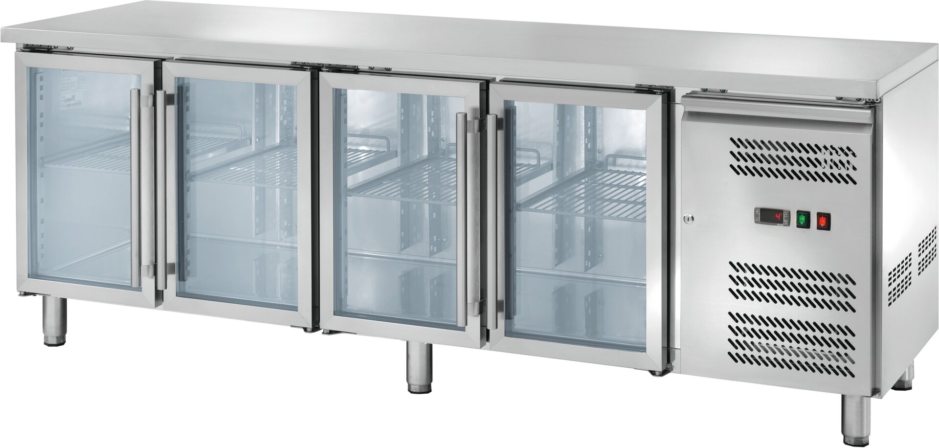 Kühltisch 553 l GN 1/1 ohne Aufkantung, 4 Glastüren
