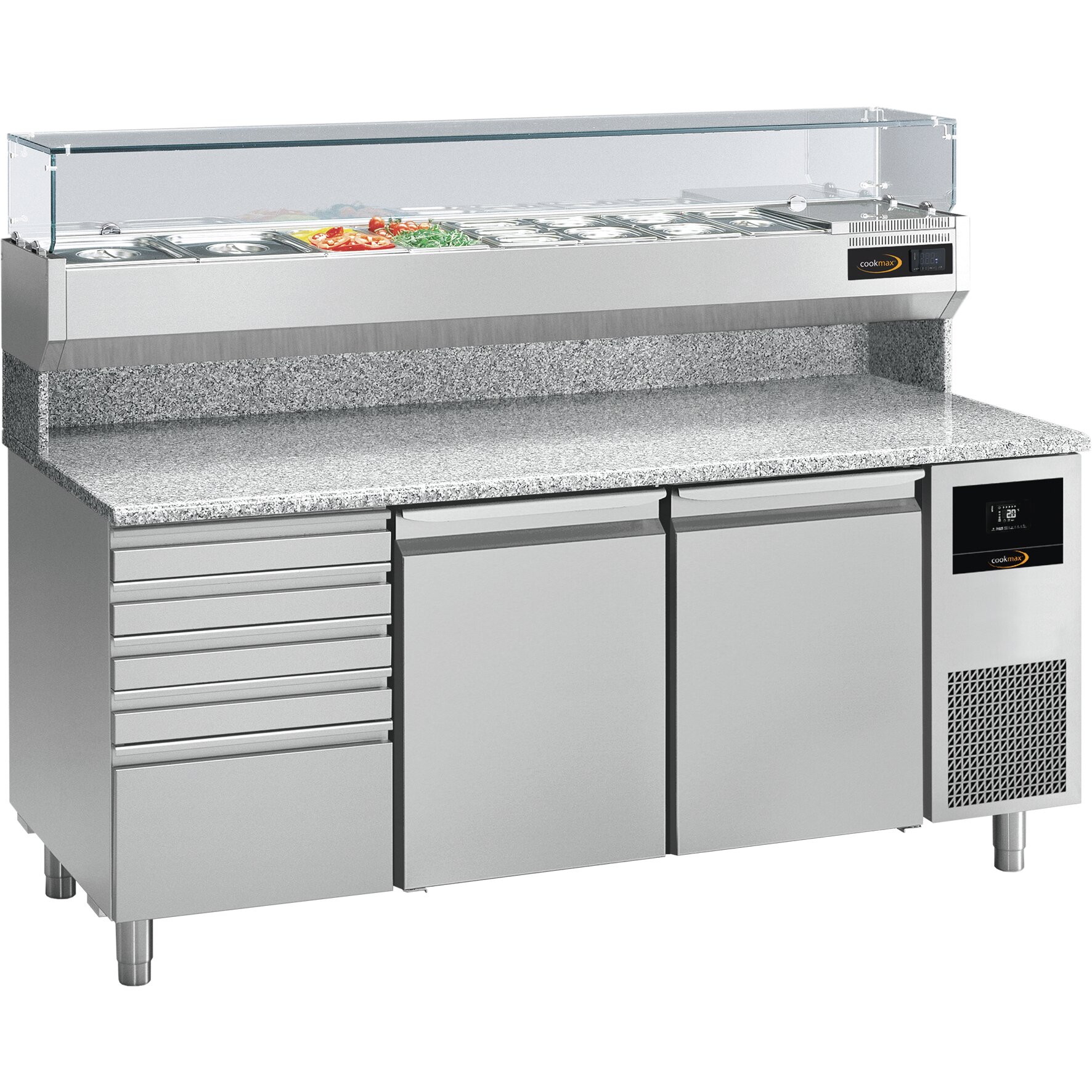 Pizzatisch mit Kühlaufsatzvitrine 6x GN 1/3, 2x GN 1/2, 2 Türen, 5 Schubl.