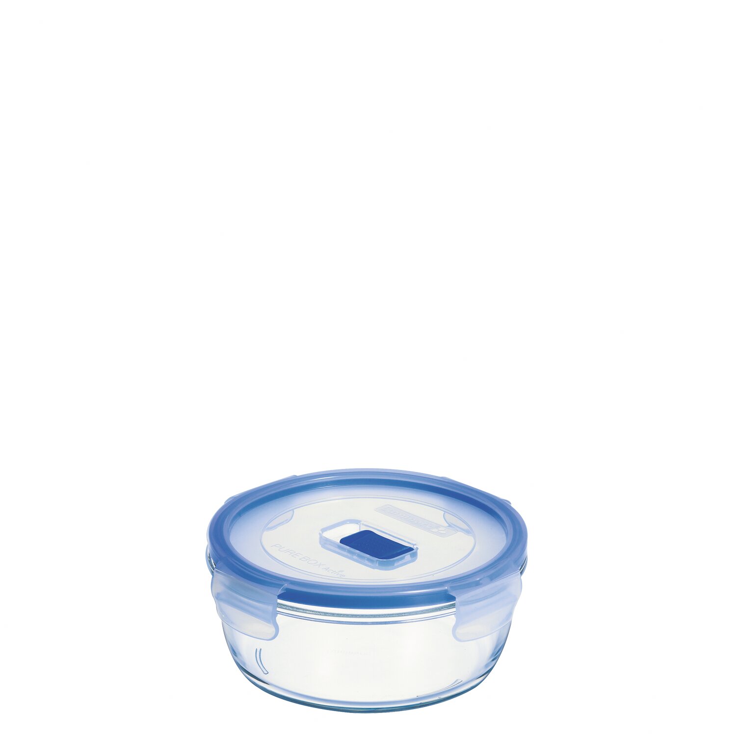 Box rund 0,92 l transparent mit blauem PP Deckel + Ventil