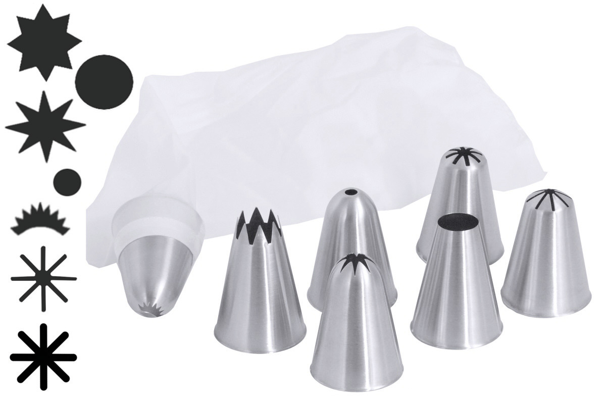 Spritztüllen-Set 50 mm / 7 nahtlose Spritztüllen mit 1 Nylon-Spritzbeutel