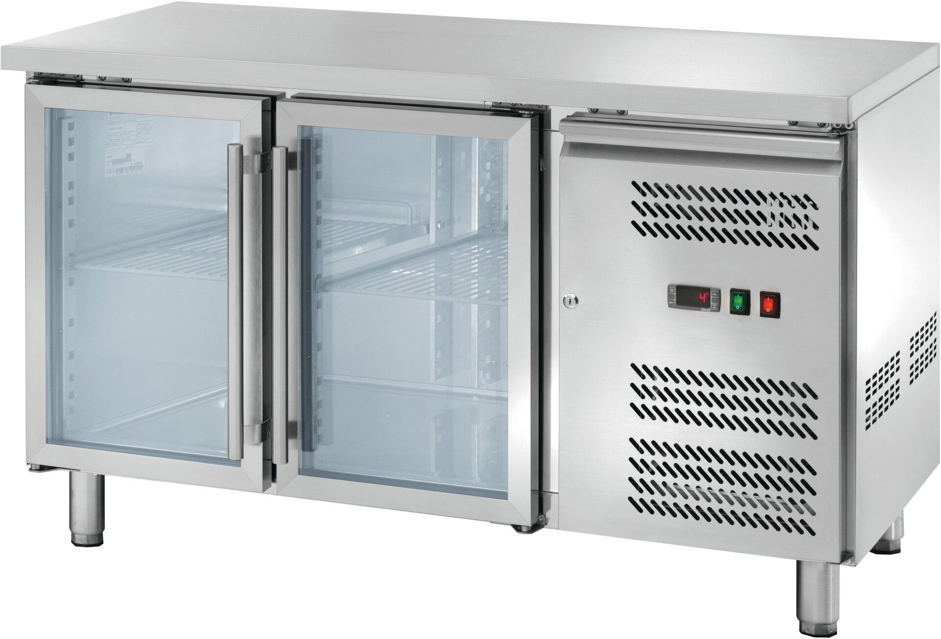 Kühltisch 282 l GN 1/1 ohne Aufkantung, 2 Glastüren