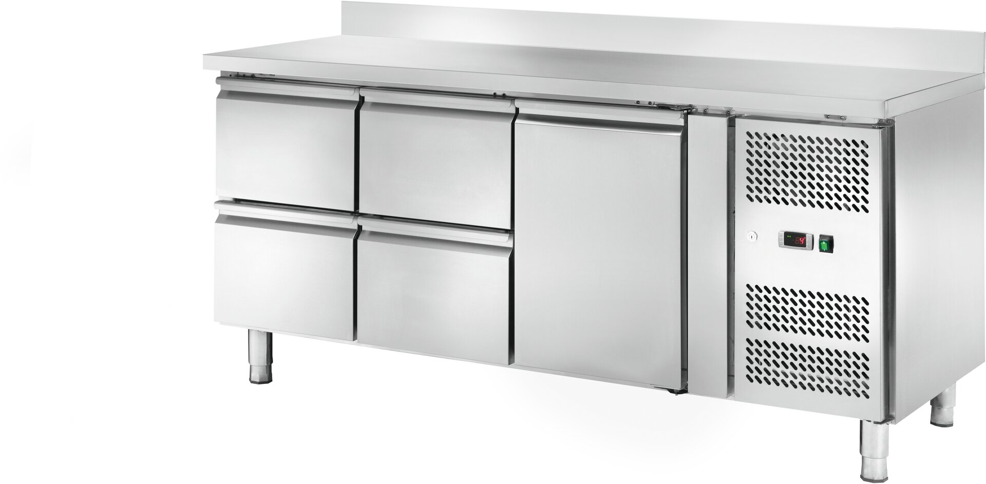 Kühltisch 417 l GN 1/1 mit 100 cm Aufkantung, 1 Tür 4 Schubladen