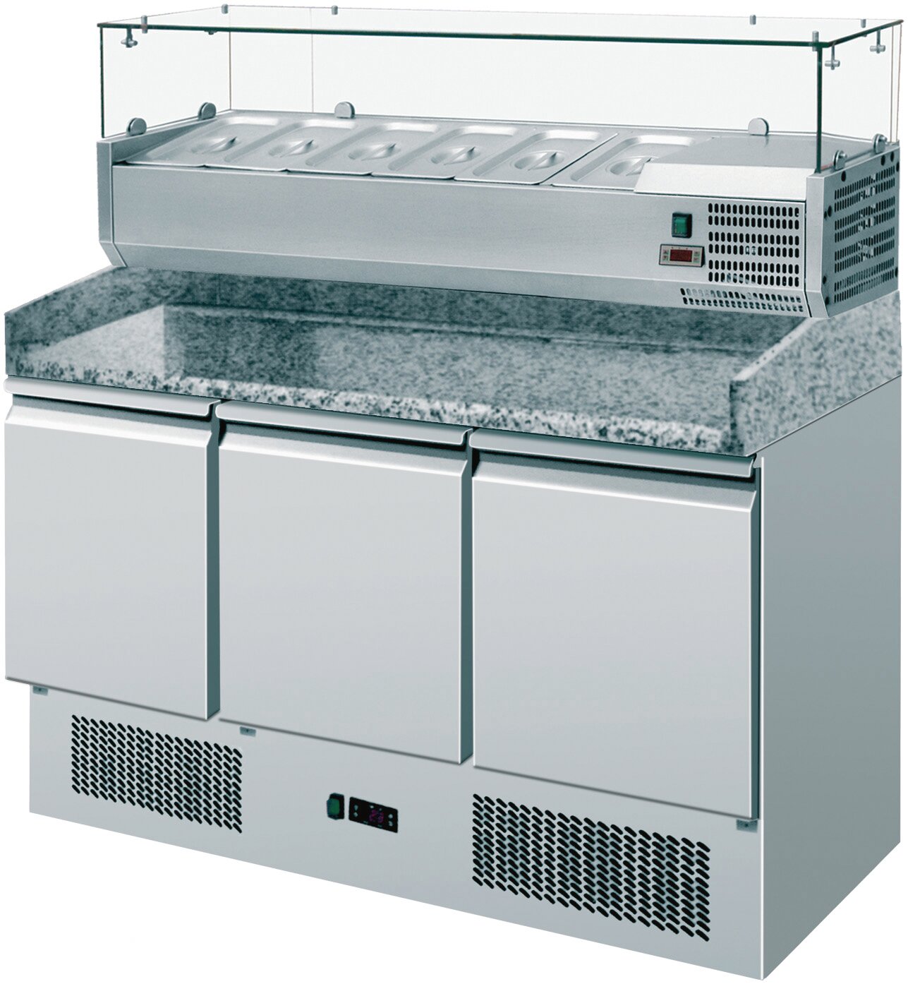 Pizzatisch GN 1/1 3 Türen Granitarbeits- Platte Kühlaufsatzvitrine 6 x GN 1/4