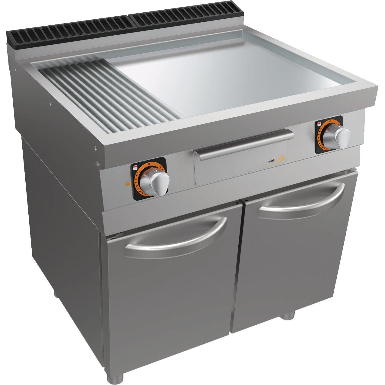 Elektro-Grillplatte 1/3 gerillt + 2/3 glatt, verchromt, Unterbau mit Türen