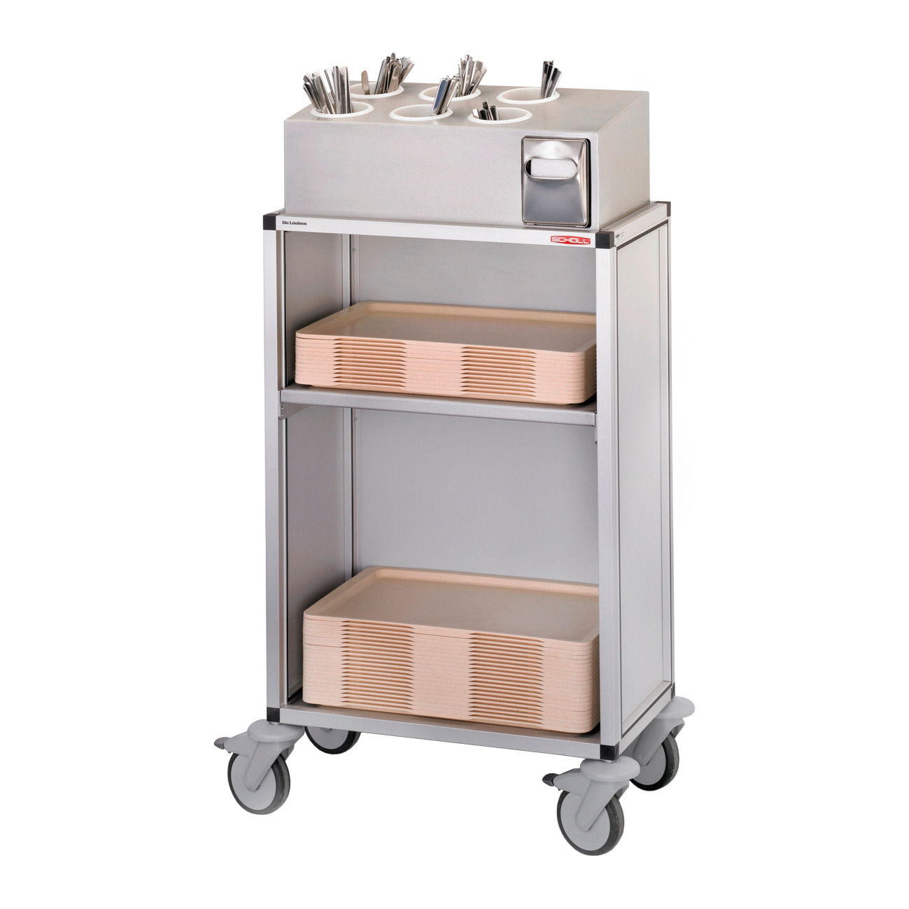 Besteck- / Tablett-Ausgabewagen /fahrbar / mit Melamin-Seitenwänden + Rückwand