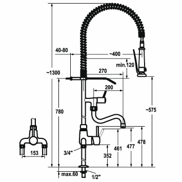 Gastro Geschirrbrause 2-Loch Stand mit Auslauf AD 153 A 200 B 270 ganzchrom