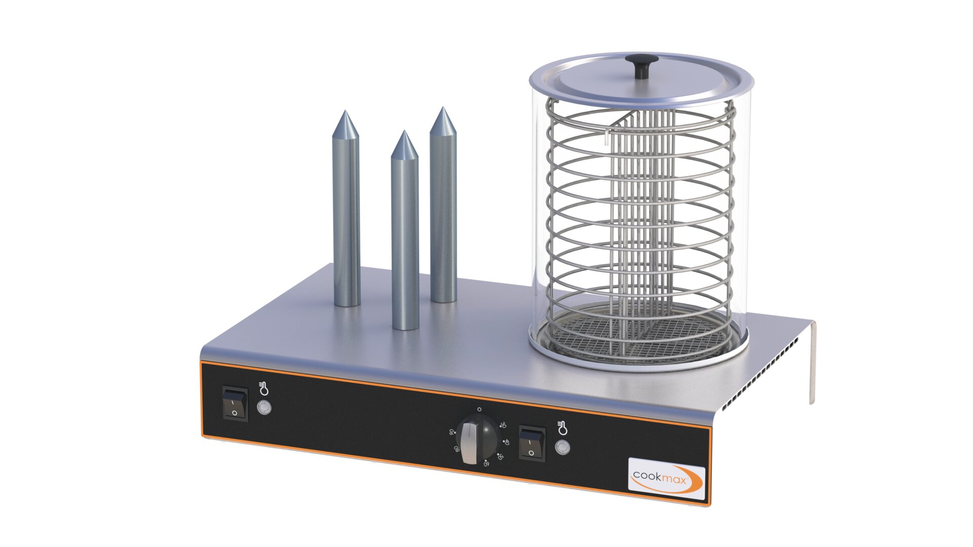 Hot Dog-Gerät mit Glasbehälter und 3 Brötchenspießen 480 x 300 x 350 mm