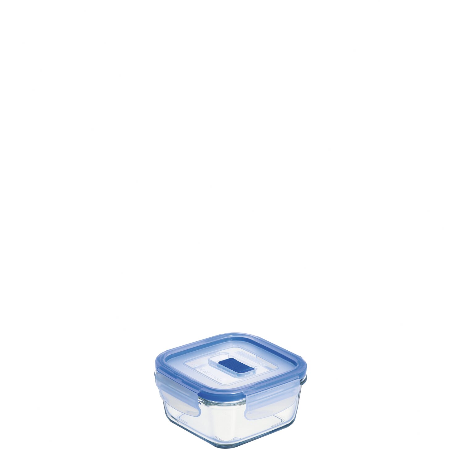 Box quadratisch 0,38 l transparent mit blauem PP Deckel + Ventil