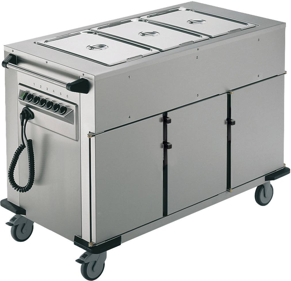 Speisenausgabewagen 3 Fächer je 8 Einschübe / beheizt /mit Warmhaltebecken