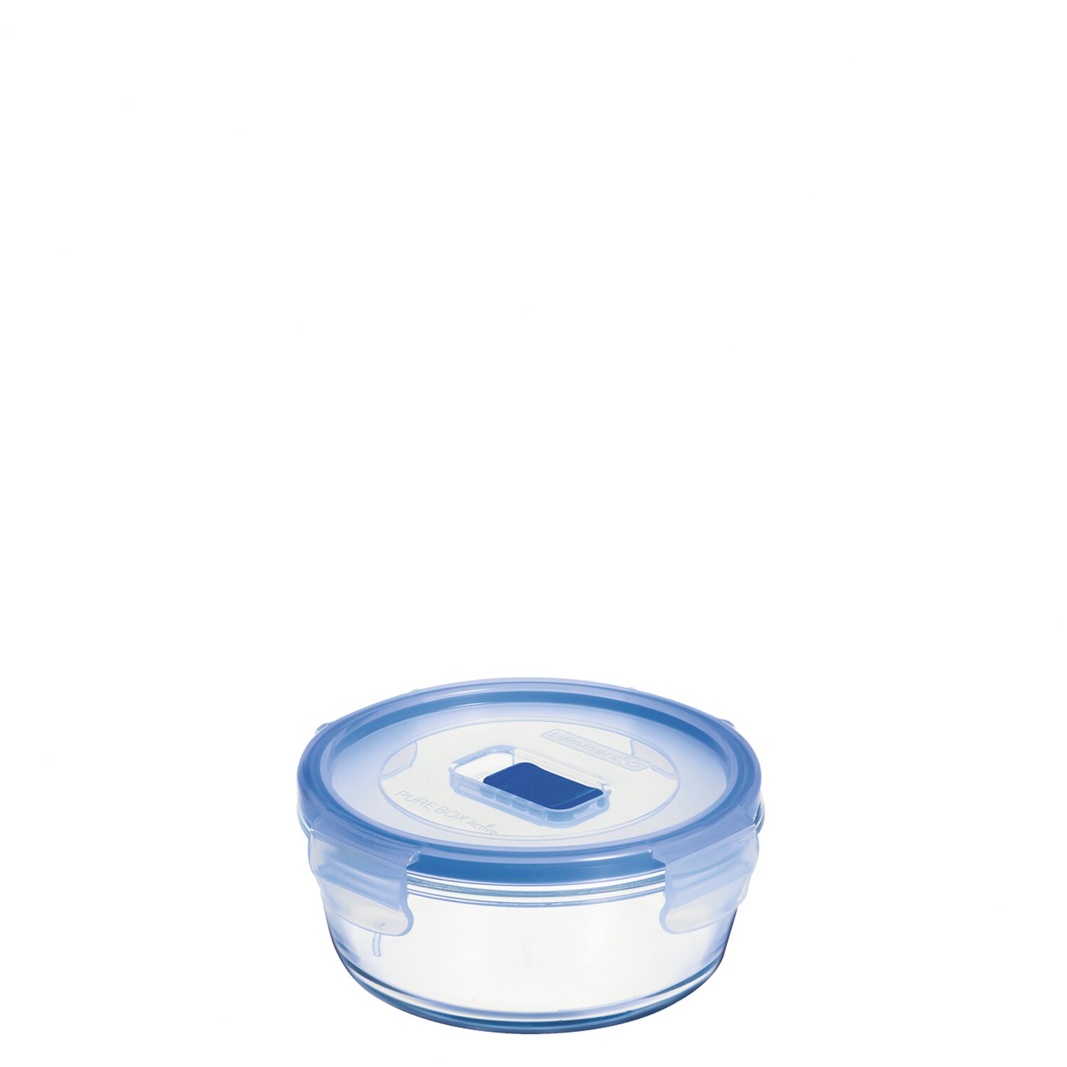 Box rund 0,67 l transparent mit blauem PP Deckel + Ventil