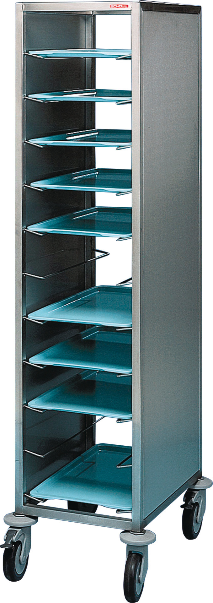 Tablett-Abräumwagen Edelstahl 1-teilig / für 11 Universal-Tabletts/125 mm Abstand
