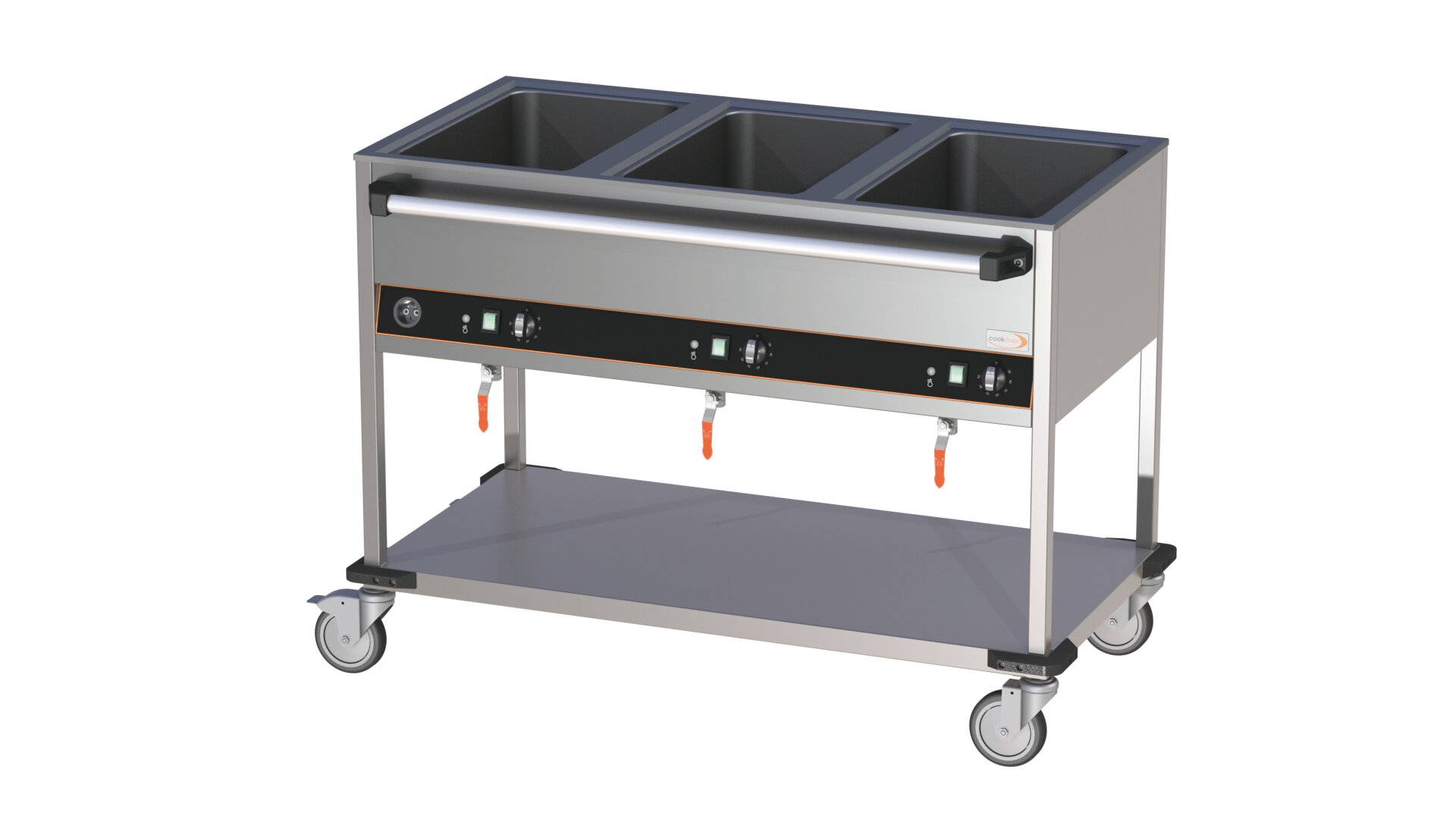 Bainmarie Wagen 3 x GN 1/1 Bedienleiste lange Seite 3 Becken offener Unterbau