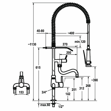 Hebelmischer mit Geschirrwaschbrause AD 153 A 300 B 370 Schwenkausl. ganzchr.