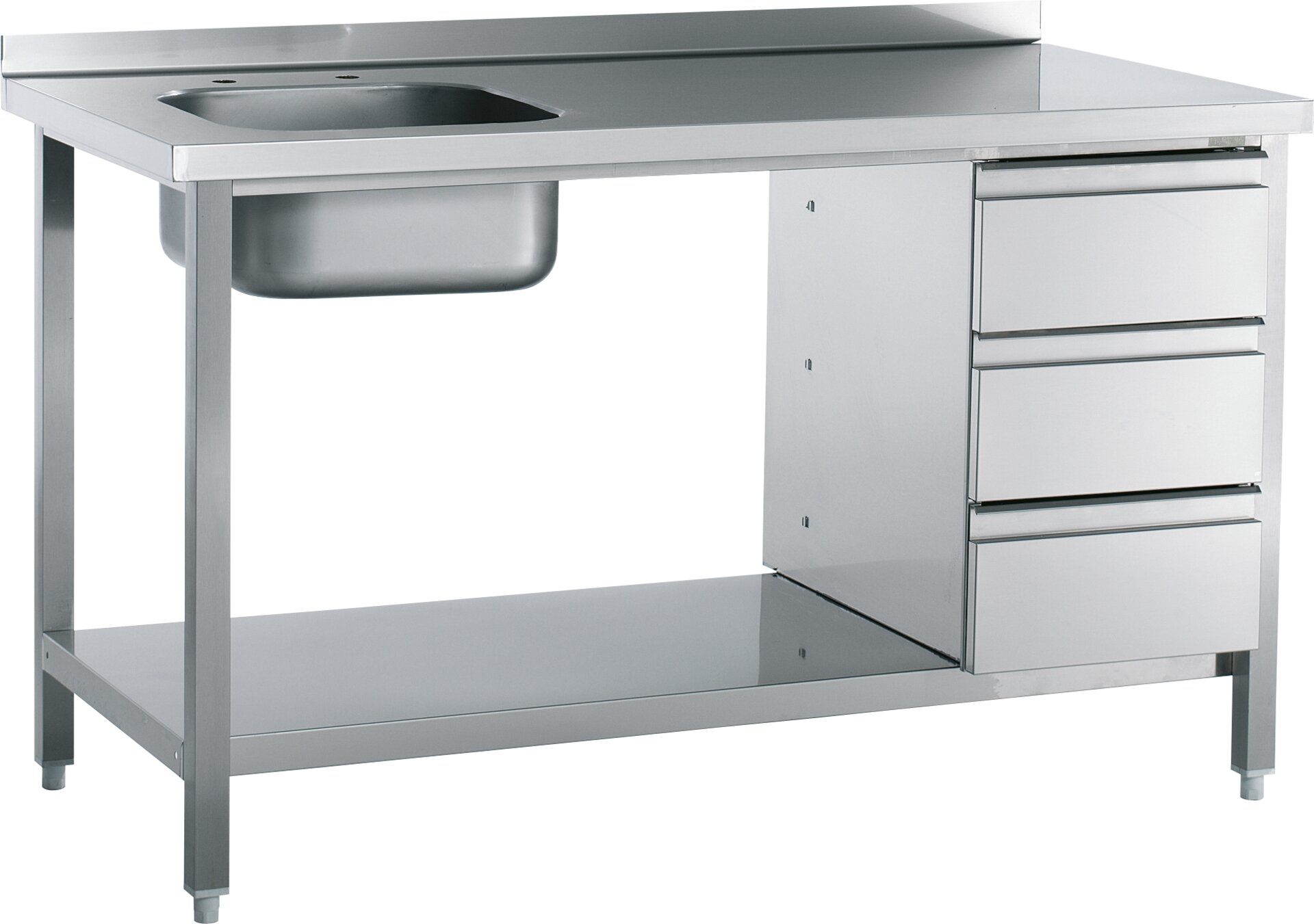 Spültisch mit 50 mm Aufkantung mit Ablageboden Schubladenblock 1 Becken re.