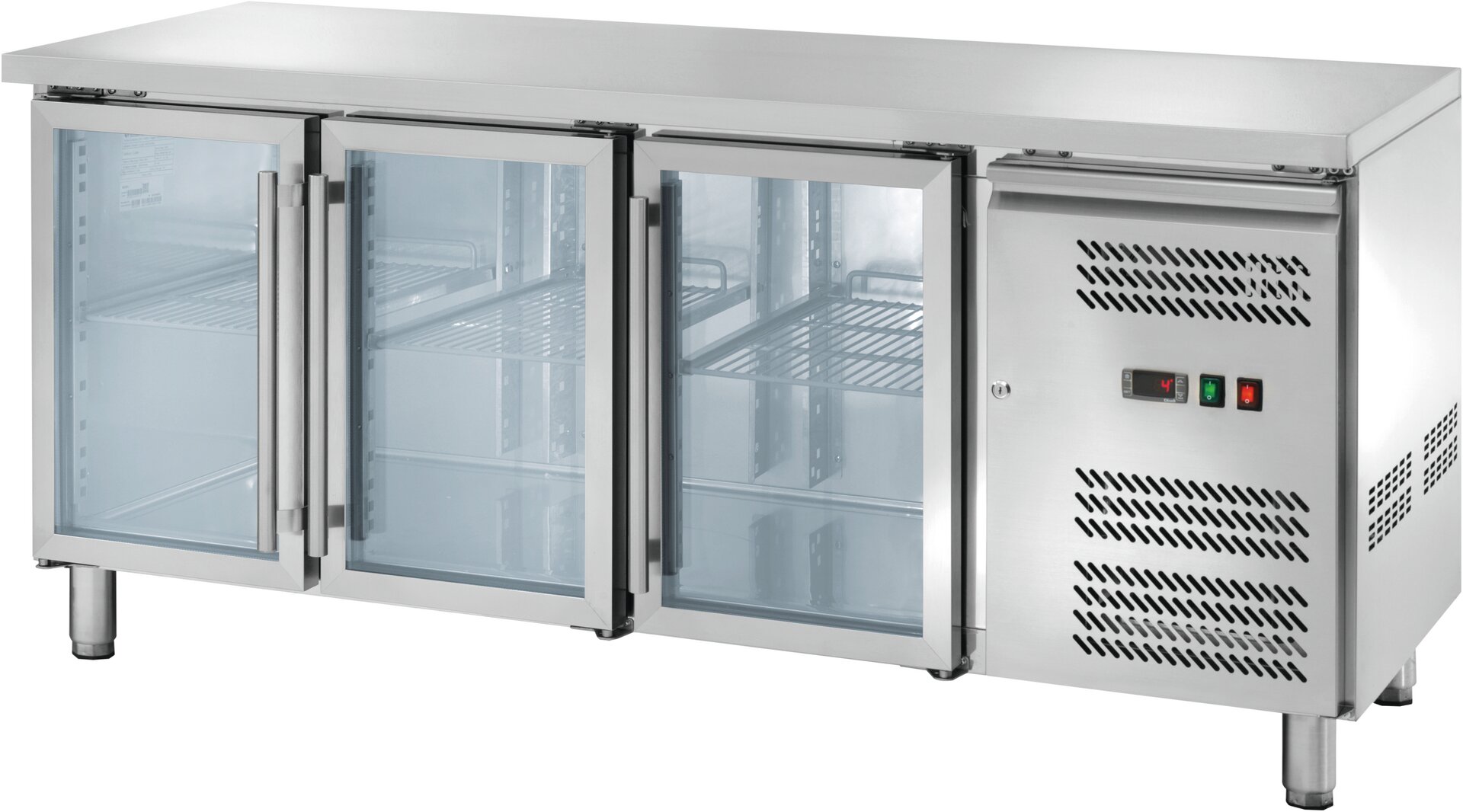 Kühltisch 417 l GN 1/1 ohne Aufkantung, 3 Glastüren