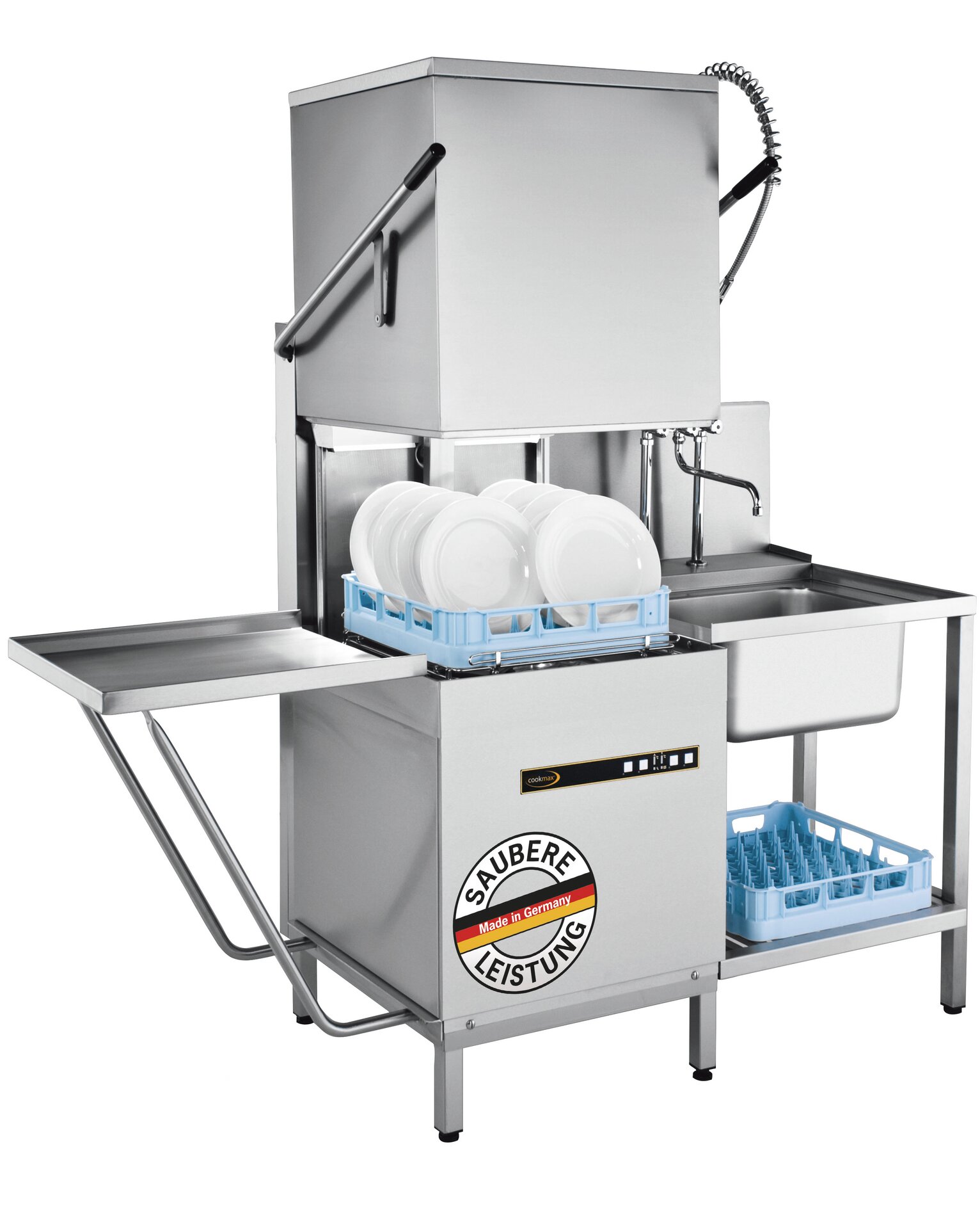 Hauben-Spülmaschine mit Reinigerdosierer Druckpumpe, Ablaufpumpe und Enthärter