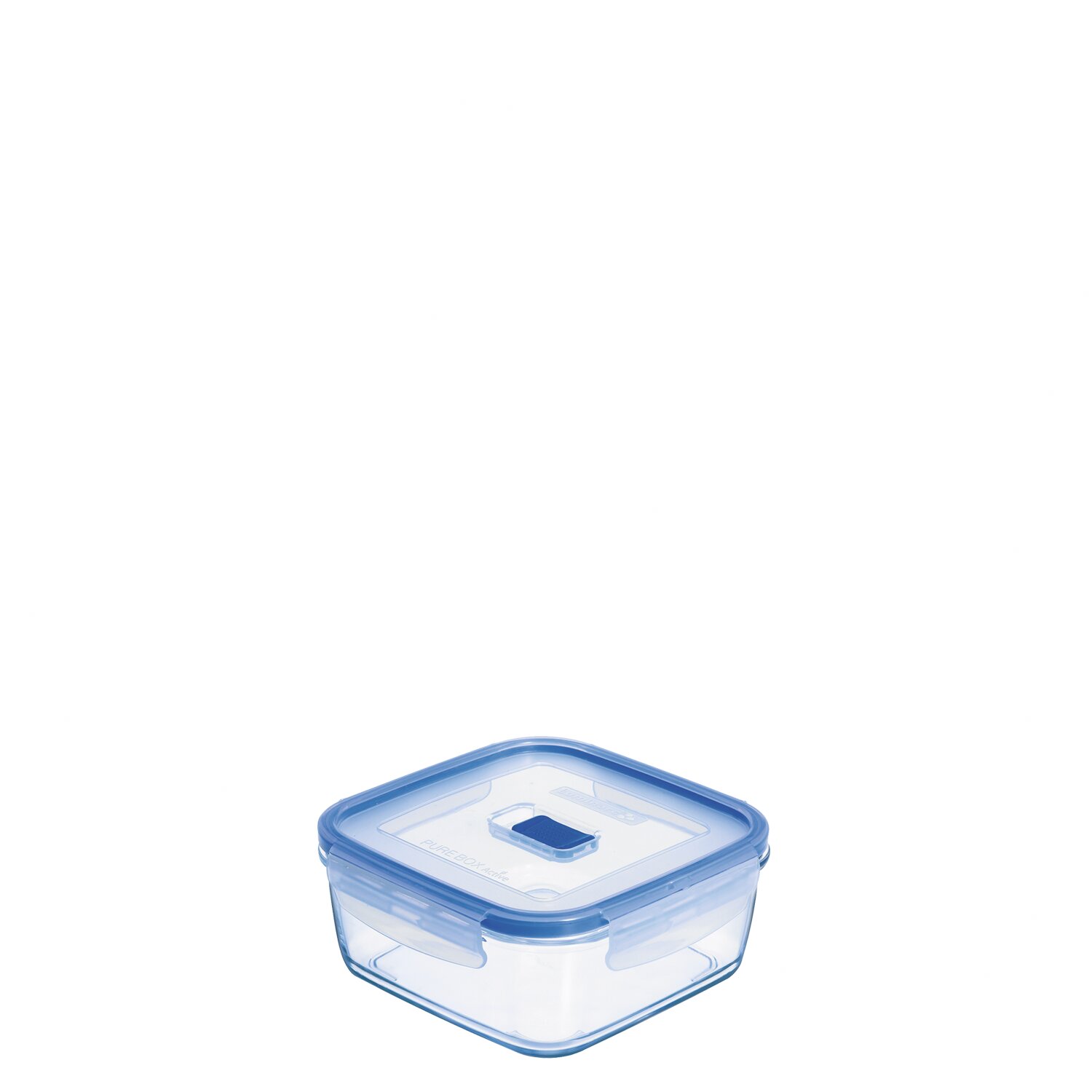 Box quadratisch 0,76 l transparent mit blauem PP Deckel + Ventil